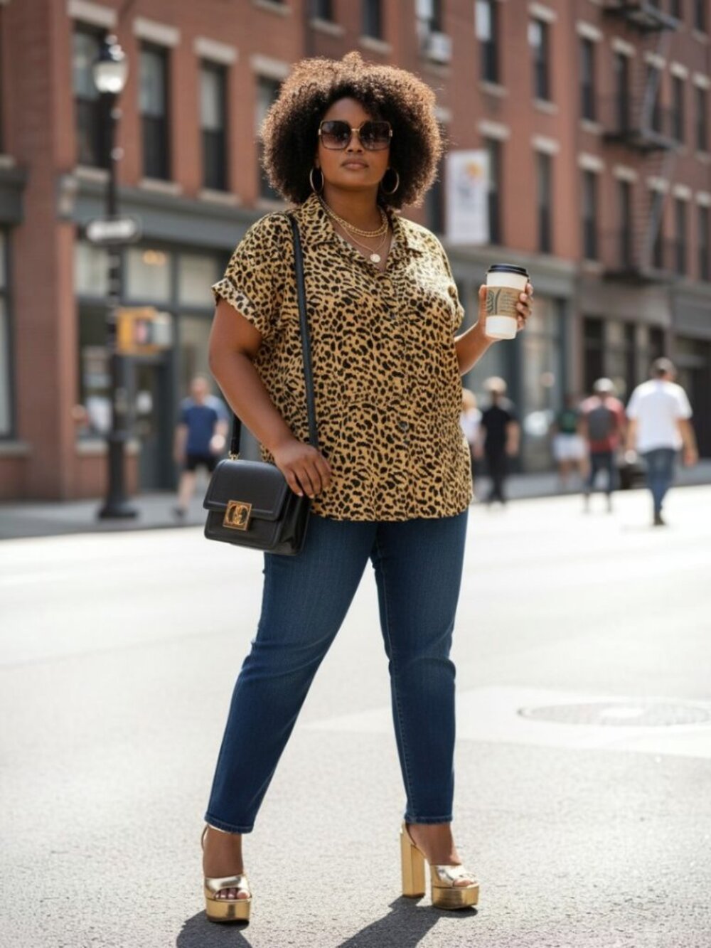 Umgee Yellow and Black Leopard Print Short Sleeve Button-Up Size 2XL